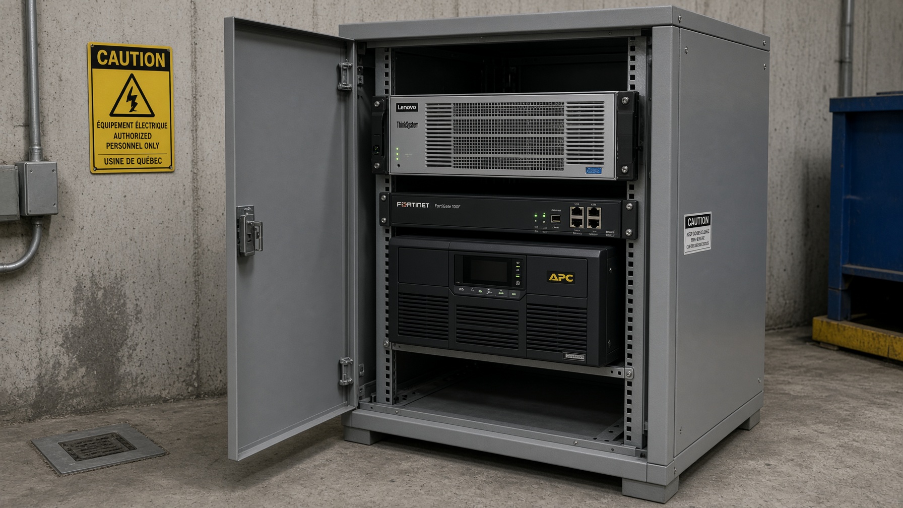 A small plant IT closet with a Lenovo rack server, a Fortinet firewall and a UPS on a concrete floor.