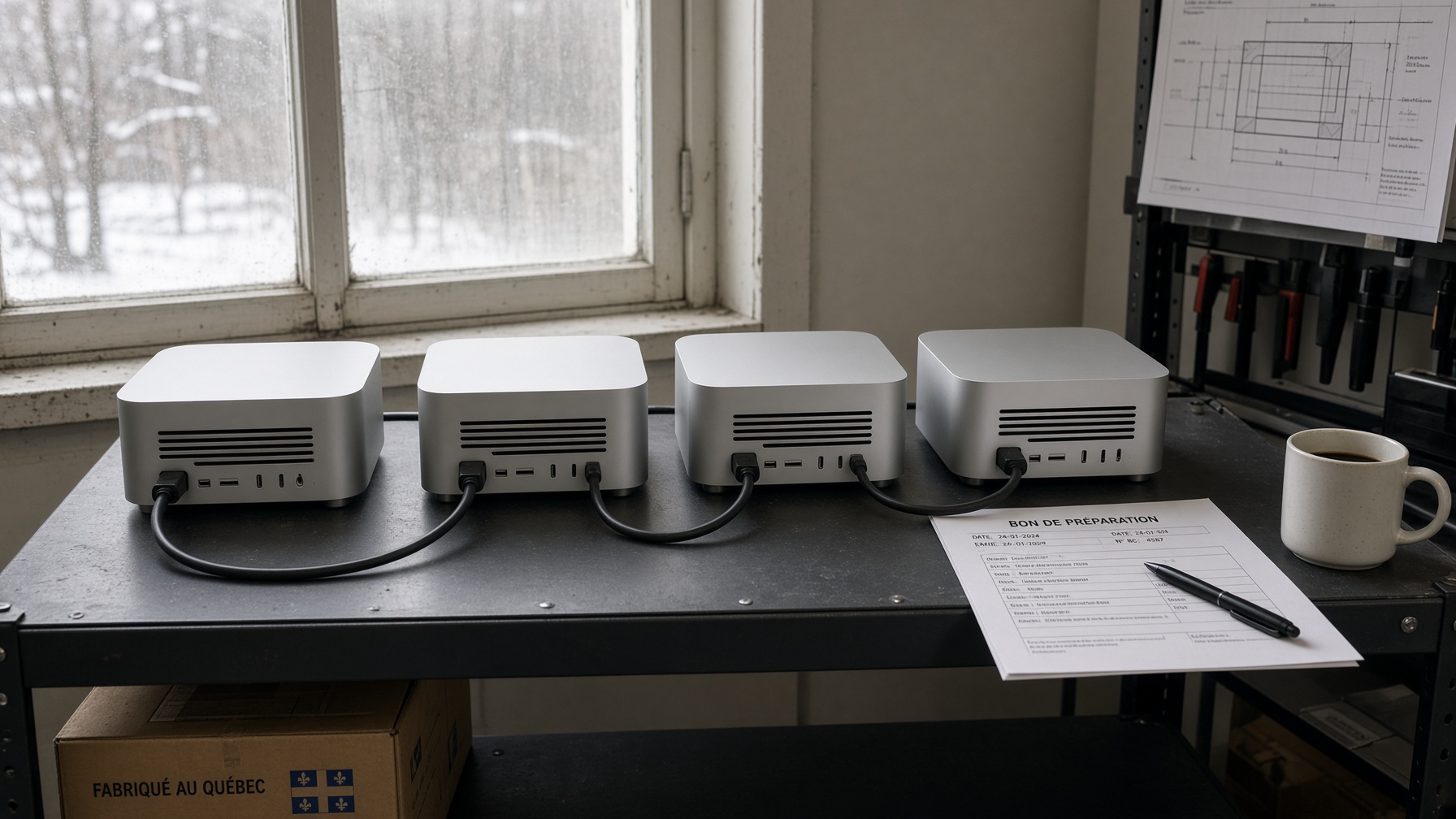 Four compact silver Mac Studios in a row on a metal shelf, Thunderbolt cables linking them, in a small plant office.